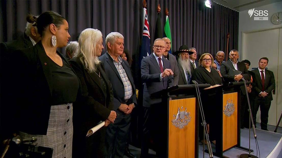 Prime Minister Albanese in parliament house with aboriginal activist leaders at the launch of the Voice campaign.