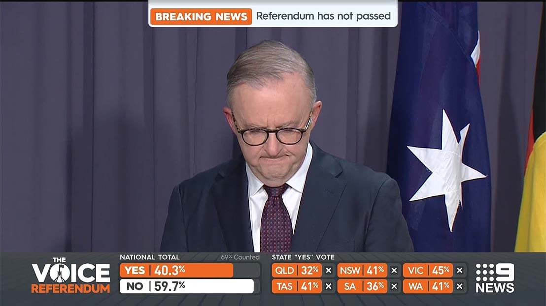 Prime Minister Anthony Albanese addressing the nation about the loss of the Voice referendum.