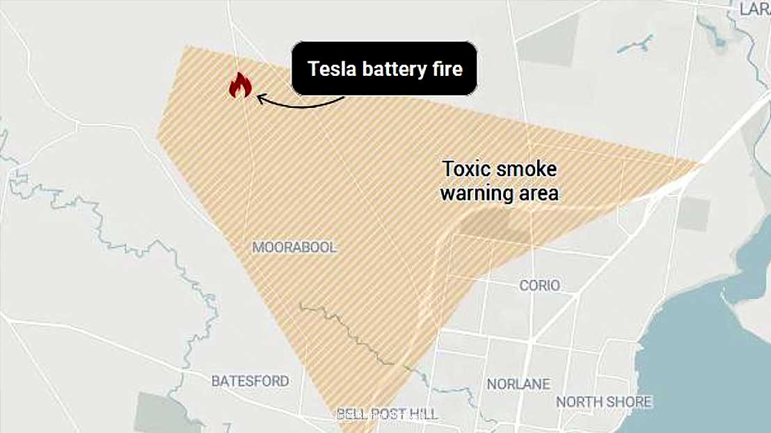 Exclusion zone for Tesla lithium battery fire in September 2021.