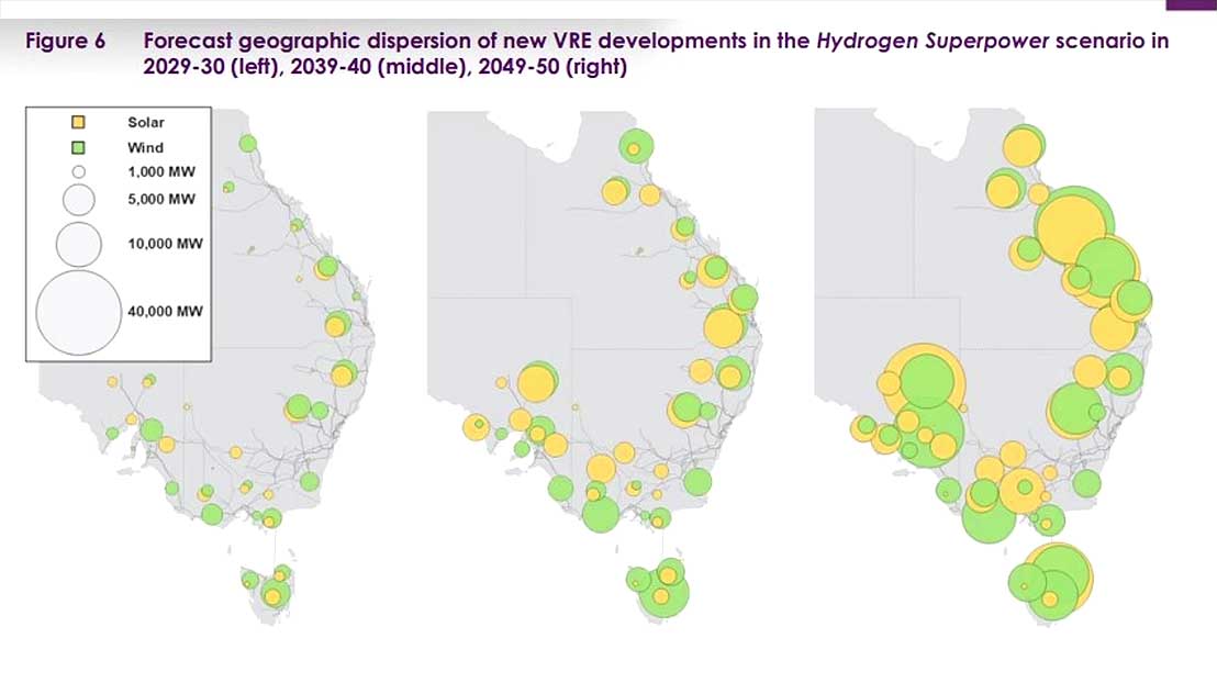 Forecast geographic dispersion of new VRE developments in the Hydrogen Superpower scenario